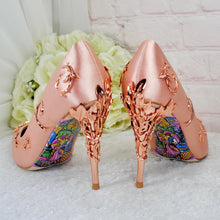 Load image into Gallery viewer, Blush Pink Satin Bridal Shoes with Rose Gold Filigree Vines