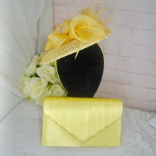Load image into Gallery viewer, Stunning Yellow Bag and Fascinator Hat Bright Yellow Matching Bridal Set Hatinator Purse for Wedding Guest Mother of the Bride Groom