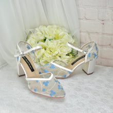 Load image into Gallery viewer, Something Blue Block Heel Embroidered Sandals, Floral Wedding Shoes