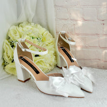 Load image into Gallery viewer, Bridal Block Heel Sandals - White Satin Bow, Handmade Comfortable Wedding Shoes UK5 US7.5