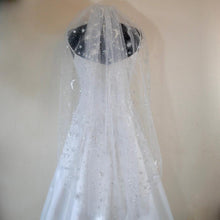 Load image into Gallery viewer, Celestial Wedding Veil or Bridal Cape – White Tulle with Silver Moons & Stars