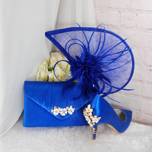 Load image into Gallery viewer, Royal Blue Satin Heel, Clutch & Fascinator Set: Wedding Guest Outfit