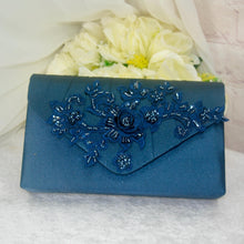 Load image into Gallery viewer, Navy Blue Satin Clutch Bag & Fascinator Matching Set | Bridal Wedding Guest Hat and Bag
