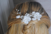 Load image into Gallery viewer, Handmade Gold or Silver Ceramic Flower Hair Pins with Pearls (Set of 3)