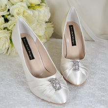Load image into Gallery viewer, Bridal Satin Heels – Handmade Vegan Wedding Mid Heels with Swarovski Crystal • UK6/US8.5