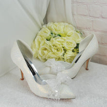 Load image into Gallery viewer, Ivory Shimmer Wedding Heels: Handmade Satin Bridal Shoes with Pearl & Sequin Bow UK5/US7.5
