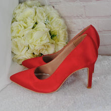 Load image into Gallery viewer, Red Satin Bridal Set: Handmade Heels, Clutch Bag & Fascinator