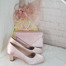 Load image into Gallery viewer, Handmade Pink Satin Bridal Set: Block Heel Shoes, Clutch, Fascinator
