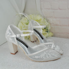 Load image into Gallery viewer, Ivory Satin Bridal Sandals: Embroidered Floral Block Heel, UK7/US9.5