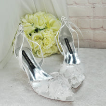 Load image into Gallery viewer, Butterfly Bridal Sandals – White Wedding Shoes with Hand Embroidery & Silk Heels • UK6/US8.5