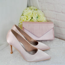 Load image into Gallery viewer, Handmade Pink Satin Bridal Set: Heels, Clutch Bag & Fascinator