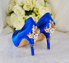 Load image into Gallery viewer, Royal Blue Wedding Heels – Handmade Bridal Satin Shoes with Cherry Blossom Details • Size UK6/US8.5
