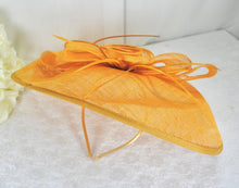 Load image into Gallery viewer, Mustard Yellow Large Fascinator Hat & Vegan Suede Clutch Bag Set