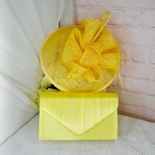 Load image into Gallery viewer, Stunning Yellow Bag and Fascinator Hat Bright Yellow Matching Bridal Set Hatinator Purse for Wedding Guest Mother of the Bride Groom