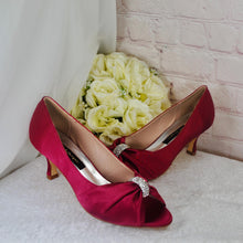 Load image into Gallery viewer, Burgendy Satin Peep Toe Kitten Heel Pumps: Bridal Shoes UK7
