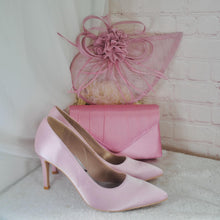 Load image into Gallery viewer, Pink Satin Bridal Set: Heels, Clutch, Fascinator - Handmade Wedding Guest Outfit
