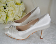 Load image into Gallery viewer, Bridal Satin Heels – Handmade Vegan Wedding Mid Heels with Swarovski Crystal • UK6/US8.5