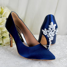 Load image into Gallery viewer, Navy Satin Heels: Silver Floral Cherry Blossom Embellishment