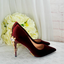 Load image into Gallery viewer, Luxurious Wine Red Velvet Wedding Shoes with 'Cherry Blossom'