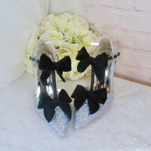 Load image into Gallery viewer, Crystal Rhinestone Sandals – Handmade Silver Bridal Heels with Black Velvet Bows