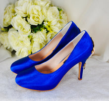 Load image into Gallery viewer, Royal Blue Wedding Heels – Handmade Bridal Satin Shoes with Cherry Blossom Details • Size UK6/US8.5