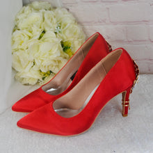 Load image into Gallery viewer, Red Satin Bridal Set: Handmade Heels, Clutch, Fascinator Hat