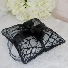Load image into Gallery viewer, Gothic Wedding, Halloween Ring Pillow: Sparkling Cobweb Spider Bridal Rings