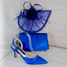 Load image into Gallery viewer, Royal Blue Satin Sling Back Heels, Clutch & Fascinator Set: Handmade Wedding Guest Outfit