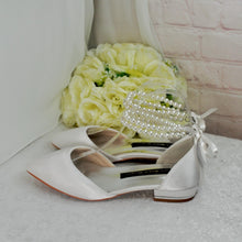 Load image into Gallery viewer, Ivory Satin Bridal Flats – Pointed Toe Wedding Flats with Pearl Ankle Strap • UK4/US6.5
