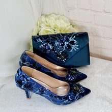 Load image into Gallery viewer, Navy Blue Satin Bridal Set: Floral Heels, Clutch Bag & Fascinator