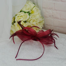 Load image into Gallery viewer, Burgundy Fascinator and Clutch Bag Set: Handmade Satin Wedding Accessory