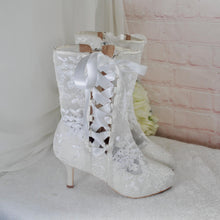 Load image into Gallery viewer, Ivory Lace Bridal Boots – Wedding Boots With Satin Ribbon Tie UK4 / US7.5