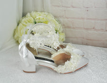 Load image into Gallery viewer, Ivory Satin Bridal Heels: Handmade Lace Pearl Block Heel Shoes (UK3/US5.5)