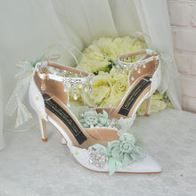 Load image into Gallery viewer, Bridal Floral Heels – Sage Green & White Wedding High Heels with Ankle Strap • UK5 / US7.5