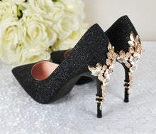 Load image into Gallery viewer, Black Glitter Heels – Handmade Bridal Shoes with Cherry Blossom Floral Detail - UK6/US8.5