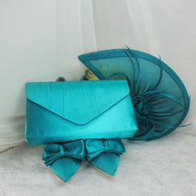 Load image into Gallery viewer, Teal Satin Bridal Set: Handmade Heels, Clutch Bag, Fascinator