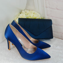 Load image into Gallery viewer, Navy Blue Satin Heel, Clutch & Fascinator Set: Handmade Wedding Guest Outfit
