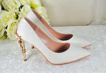 Load image into Gallery viewer, Ivory Shimmer Satin Bridal Heels: Handmade Cherry Blossom Wedding Shoes