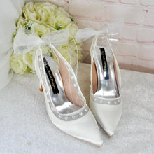 Load image into Gallery viewer, Ivory Slingback Shoes, Satin Bridal Heels with Heart Pearls & Bow Detail
