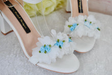Load image into Gallery viewer, Block Heel Bridal White Sandals with Something Blue Floral Rose Details • UK5/US7.5