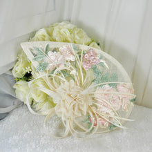 Load image into Gallery viewer, Ivory & Pink Fascinator Hat and Clutch Bag Set: Floral Embroidered Bridal Hatinator