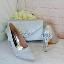 Load image into Gallery viewer, Silver Grey Satin Bridal Shoe Set: Handmade Heels, Clutch & Fascinator