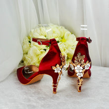 Load image into Gallery viewer, Burgundy Satin Bridal Shoes: Bridesmaid Floral Heel, Ankle Strap Size UK5/US7.5
