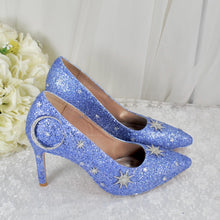 Load image into Gallery viewer, Light Blue Celestial Wedding Shoes – Glitter Moon & Star Heels