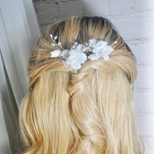 Load image into Gallery viewer, Handmade Gold or Silver Ceramic Flower Hair Pins with Pearls (Set of 3)