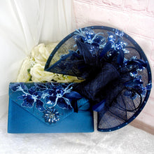 Load image into Gallery viewer, Navy Blue Satin Bridal Set: Floral Heels, Clutch Bag & Fascinator