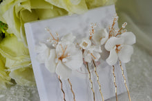 Load image into Gallery viewer, Handmade Gold or Silver Ceramic Flower Hair Pins with Pearls (Set of 3)
