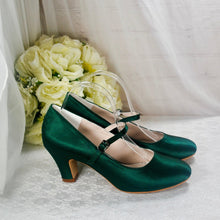 Load image into Gallery viewer, Emerald Green Satin Bridal Shoes: Handmade Block Heel Mary Janes UK5/US7.5
