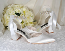 Load image into Gallery viewer, Handmade Ivory Satin Wedding Shoes: Pearl Ankle Strap, Block Heel UK8/US10.5