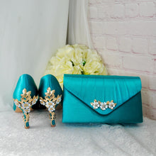 Load image into Gallery viewer, Teal Satin Bridal Set: Handmade Clutch, Fascinator, Heels